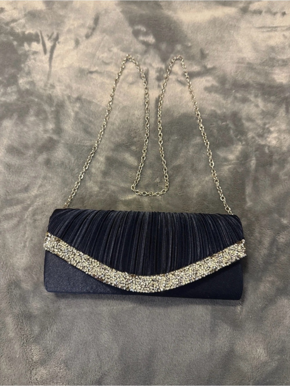 Formal Clutch Style Evening Handbag in Navy Blue, with Detachable Chain